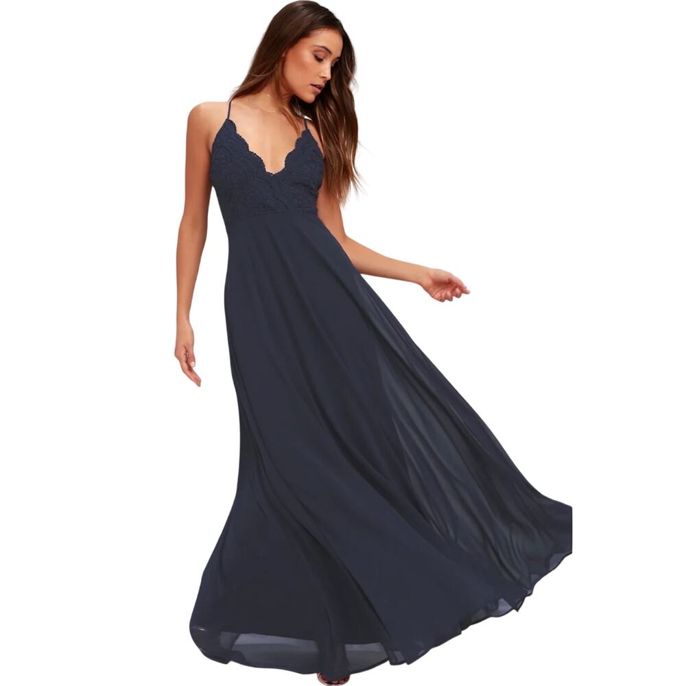 NWT LULU’s Women’s Navy Blue Chiffon Lace Maxi Full Length Dress Gown - Picture 1 of 9